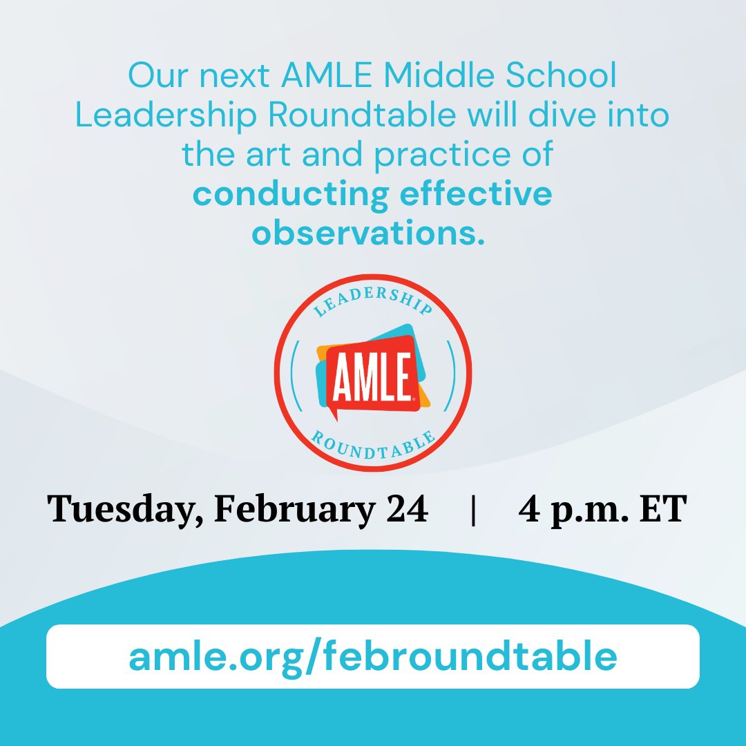 Join us TOMORROW at 4 p.m. ET for our next Middle School Leadership Roundtable to explore the art and practice of conducting effective observations. 

Presenters and attendees will share the evaluation systems they use and examine varied approaches for structuring