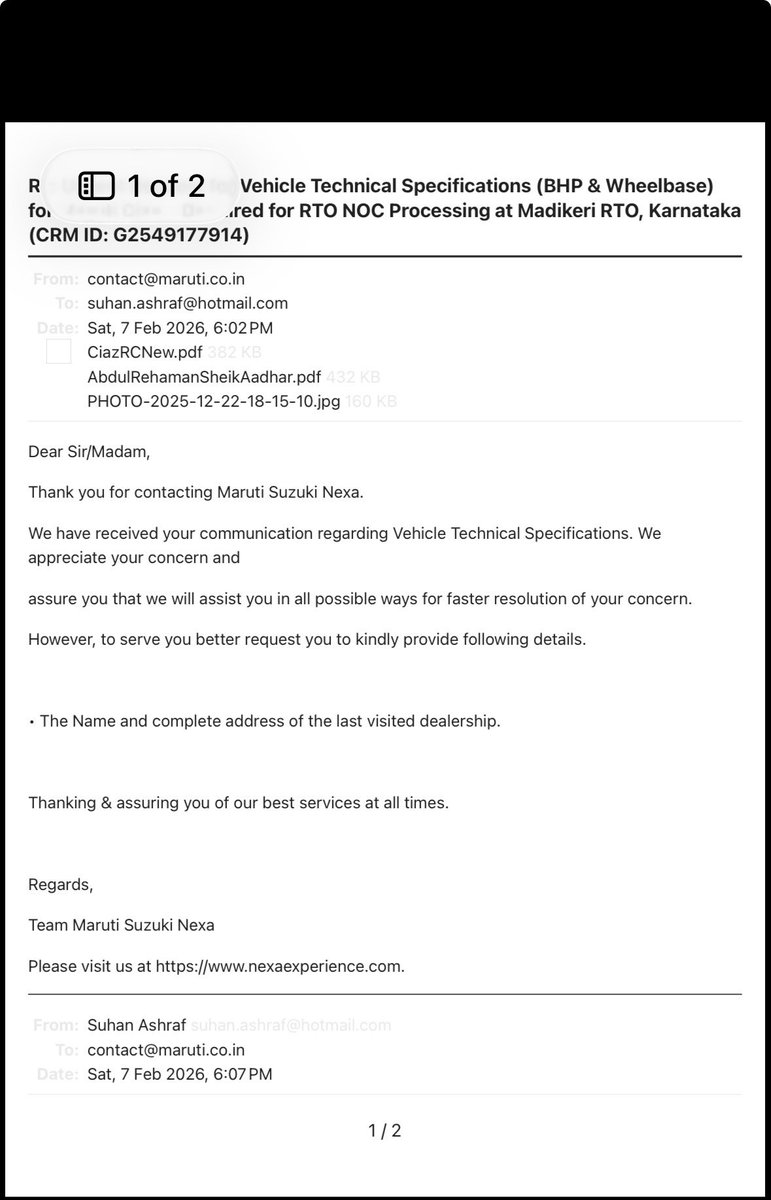 NagarikaNinja's tweet photo. @Maruti_Corp @MSArenaOfficial 

I’ve been requesting the BHP &amp; Wheelbase technical specifications for my Maruti Ciaz (CRM ID: G2549177914) required for RTO NOC processing at Madikeri RTO, Karnataka.
Emails have not been responded

Contact : 7760480275 https://t.co/Iso1HxkisQ