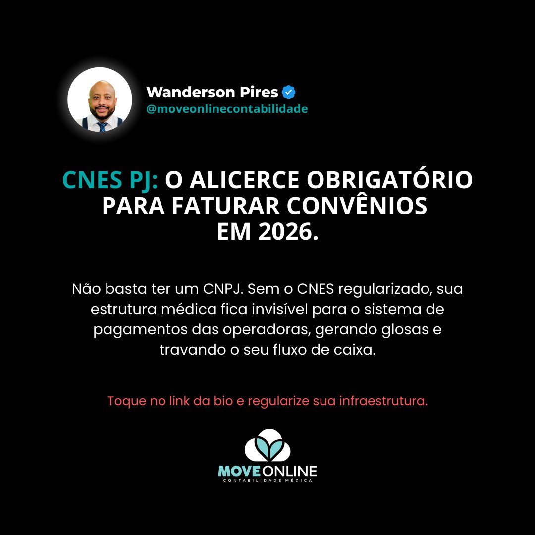 move_online's tweet photo. O CNPJ médico sem CNES PJ é uma empresa de portas trancadas. Se você quer faturar convênios em 2026, esse é o registro obrigatório para evitar glosas e liberar repasses. 🩺💰

Não deixe seu dinheiro travado por amadorismo burocrático. Blinde sua estrutura B2B agora. https://t.co/SPTbFJqGAv