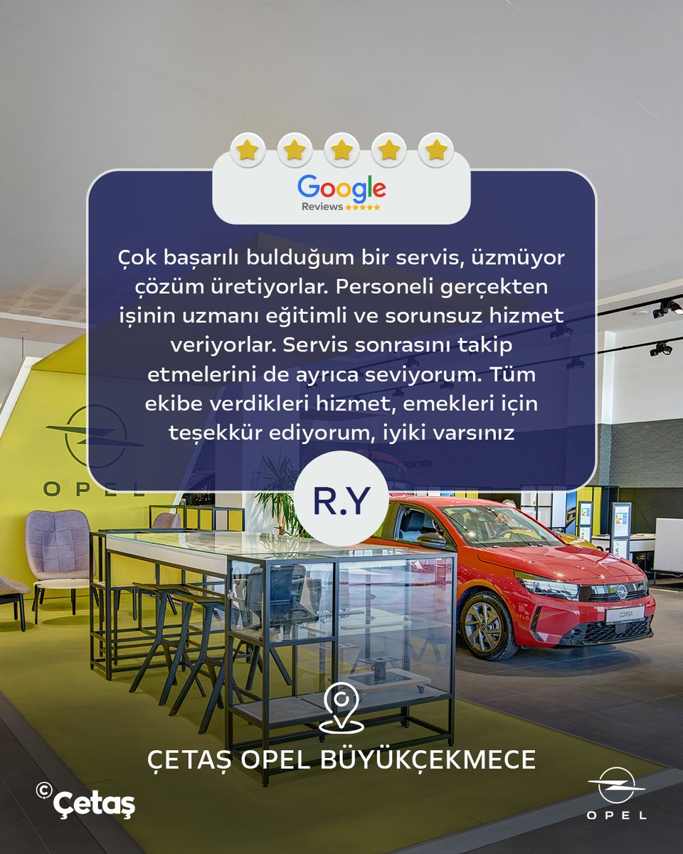 cetasopel's tweet photo. Çetaş Opel Ailesi olarak siz değerli müşterilerimize yapmış olduğunuz güzel yorumlardan dolayı teşekkür ederiz!

Her zaman bekliyoruz! ✨

📞İstanbul Bayrampaşa: 0 (212) 614 40 04
📞İstanbul Büyükçekmece: 0 (212) 863 54 54
📞Tekirdağ Çorlu: 0(282) 685 40 20
📞İzmit Kocaeli : 0 (262) 335 43 03

#Opel #Çetaş #ÇetaşOtomotiv #GoogleYorum
