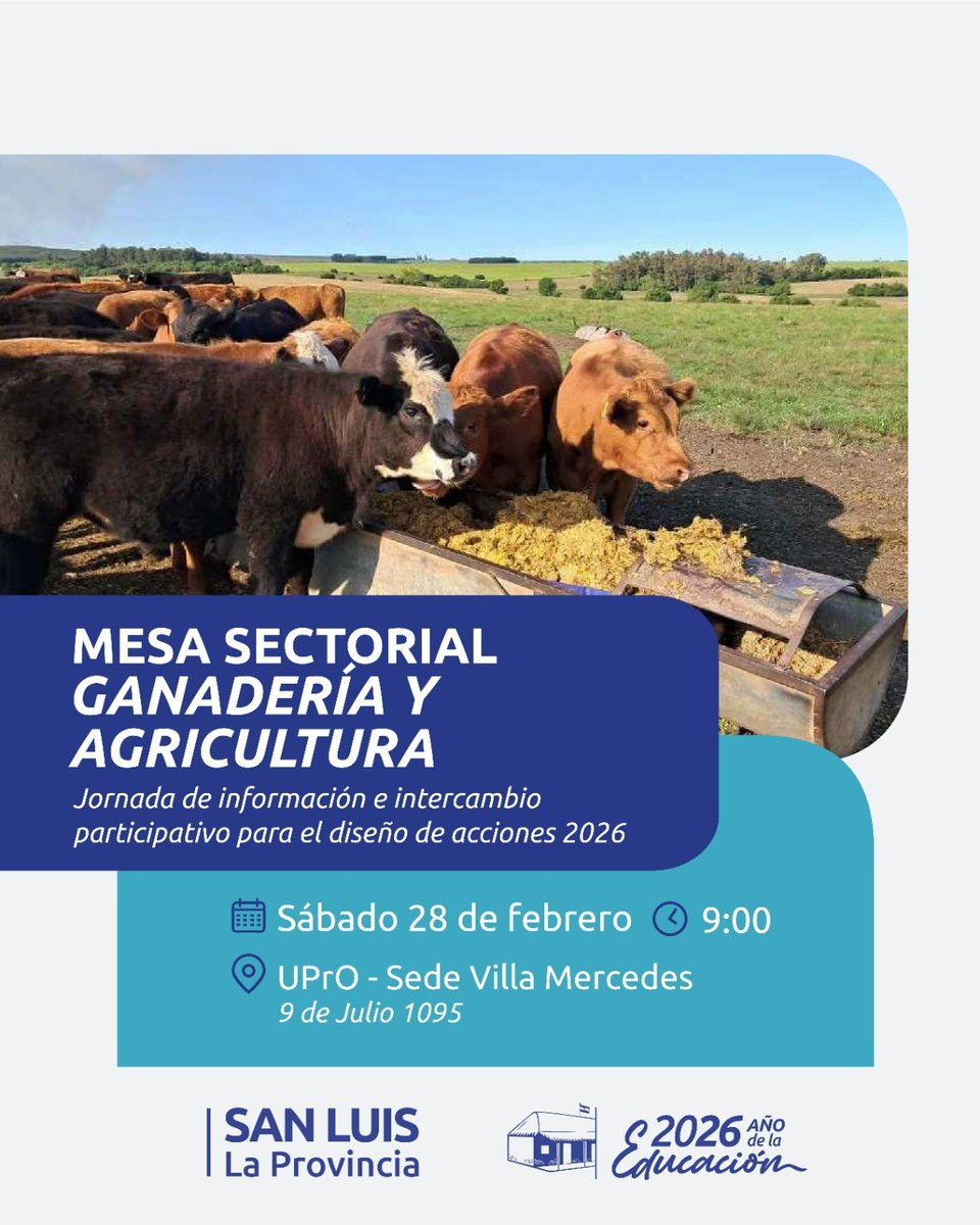El Gobierno de San Luis convoca a la mesa sectorial de ganadería y agricultura, el día sábado 28 de febrero, a las 9:00, en la UPrO Villa Mercedes. 
🔗 Como paso previo, los interesados deberán completar la inscripción a través del formulario forms.gle/ZwHB3LZ4VH2SNH…