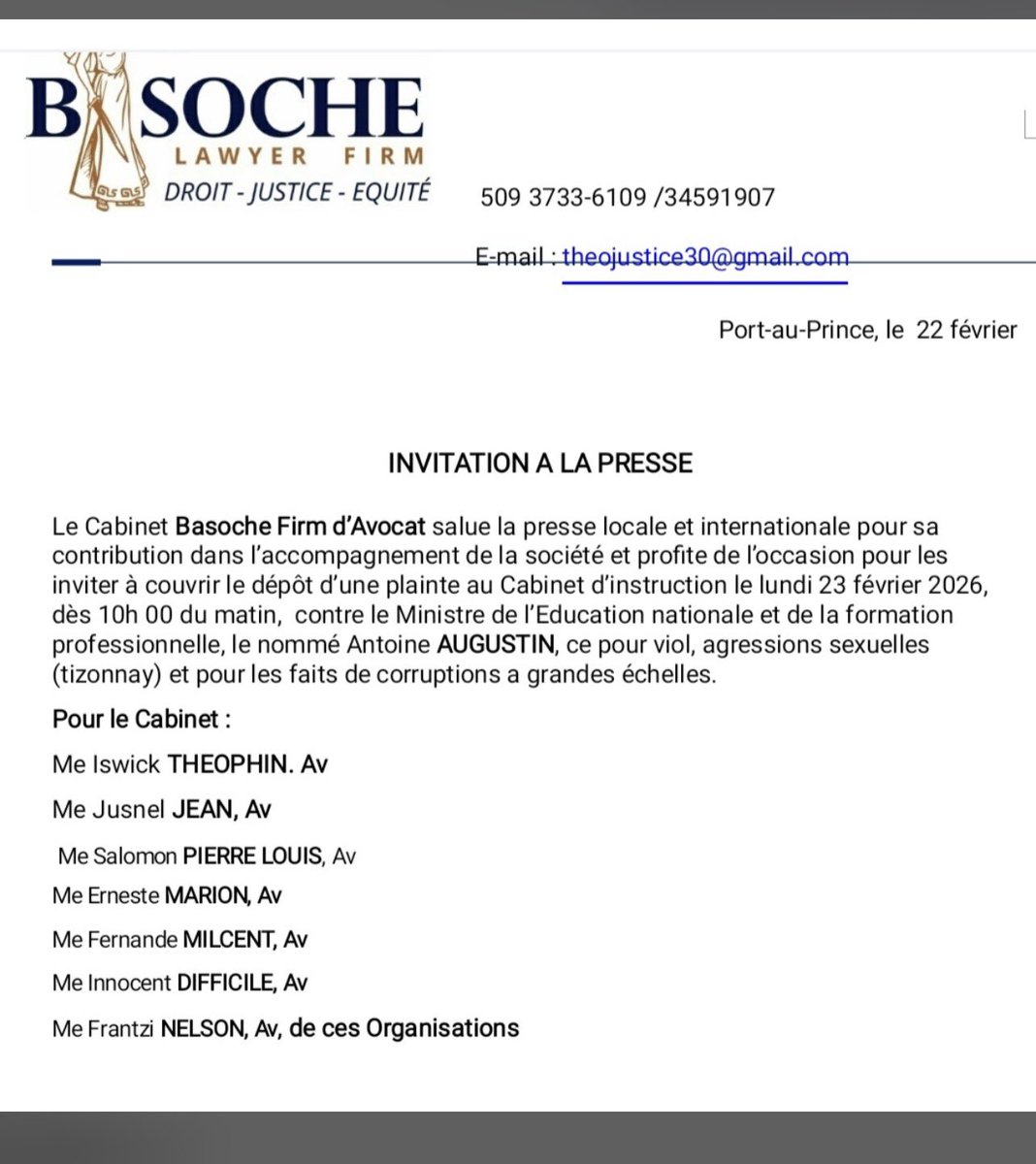 dynamic55923's tweet photo. Édito- Affaire d’agressions sexuelles et de viols collectifs indexant Antoine Augustin : le cabinet BASOCHE enclenche la machine judiciaire. 

Depuis plusieurs semaines, des accusations d’une gravité exceptionnelle éclaboussent le titulaire du Ministère de l’éducation nationale et de la formation professionnelle ,dont la crédibilité politique et morale se trouve désormais frontalement contestée sur la place publique. 
L’affaire, devenue un scandale d’État potentiel, sature l’espace médiatique et cristallise l’indignation d’une opinion déjà ébranlée par la perception d’impunité dont bénéficieraient certaines figures de pouvoir. 
Des organisations de défense des droits humains affirment avoir été saisies pour encadrer les plaignantes présumées, lesquelles dénoncent un climat de pressions, de menaces et de tentatives d’intimidation visant à les réduire au silence.

C’est dans cette perspective que ce lundi 23 février 2026 marque un tournant procédural décisif : la firme d’avocats Basoche, composée de pénalistes aguerris inscrits au barreau de Port-au-Prince, annonce le dépôt imminent d’une plainte formelle contre le ministre ANTOINE AUGUSTIN . Cette démarche enclenche potentiellement une séquence judiciaire lourde de conséquences, susceptible de contraindre l’intéressé à répondre, devant les instances compétentes, des faits qui lui sont imputés.

Au-delà du sort personnel du responsable visé, ce dossier prend une dimension institutionnelle majeure. Il interroge frontalement la solidité de l’État de droit, la capacité du système judiciaire à résister aux interférences politiques, ainsi que la réalité de la protection accordée aux victimes de violences sexuelles dans des contextes où les rapports de pouvoir peuvent fausser l’équilibre procédural. 

Dans l’attente d’une instruction judiciaire formelle, une question domine déjà le débat public : s’agit-il d’un scandale de plus appelé à s’éteindre dans l’opacité, ou du point de rupture qui forcera enfin l’obligation de rendre des comptes au sommet de l’appareil d’État ?

Jaude OMEUS 
Editorial 
Dynamic-Post 
23-02-2026