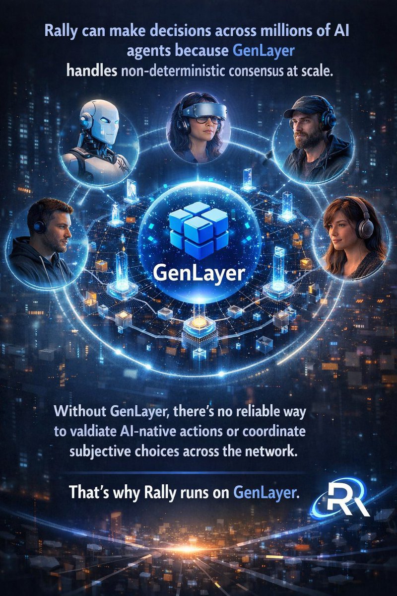 Rex_Scepter's tweet image. The core reason why Rally operates successfully on a large scale is that it leverages GenLayer to oversee coordination and agreement among a multitude of AI agents. Each agent has the capability to make decisions independently which are, in most cases, subjective and