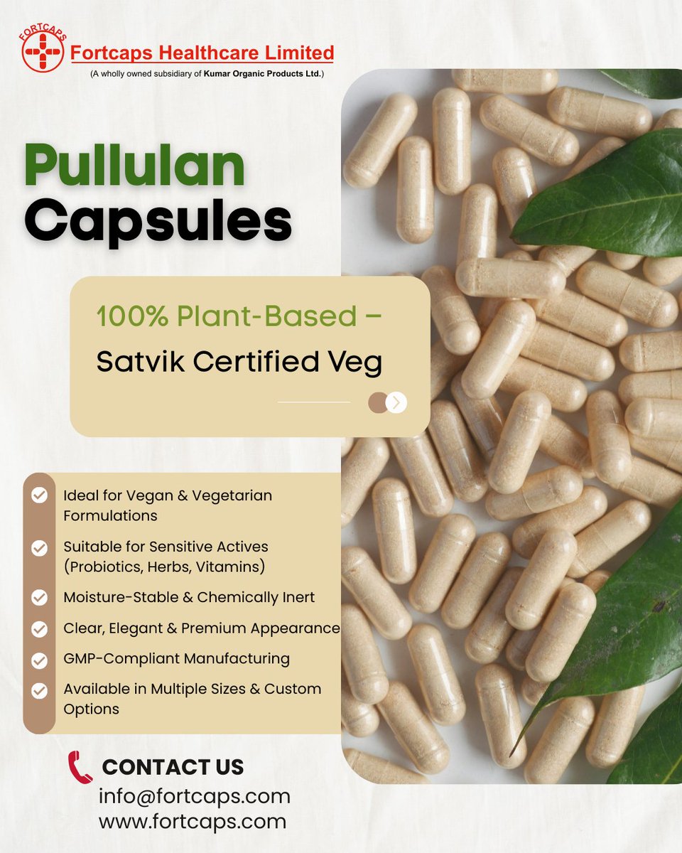 fortcaps's tweet image. Go green with Fortcaps Pullulan Capsules 🌿
✔ 100% plant-based &amp;amp; Satvik veg
✔ Ideal for probiotics, herbs &amp;amp; vitamins
✔ Moisture-stable &amp;amp; inert
✔ Premium clear appearance
Future-ready encapsulation starts here.
 info@fortcaps.com
 fortcaps.com
#Fortcaps #Pullulan