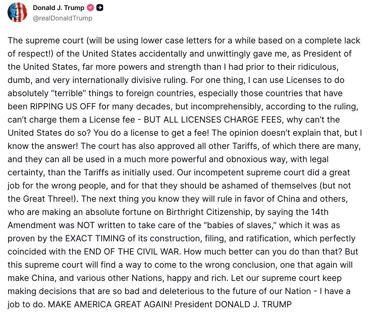 Trump on the “supreme court”: 

“(will be using lower case letters for a while based on a complete lack of respect!)” 

I love him sm. 😭