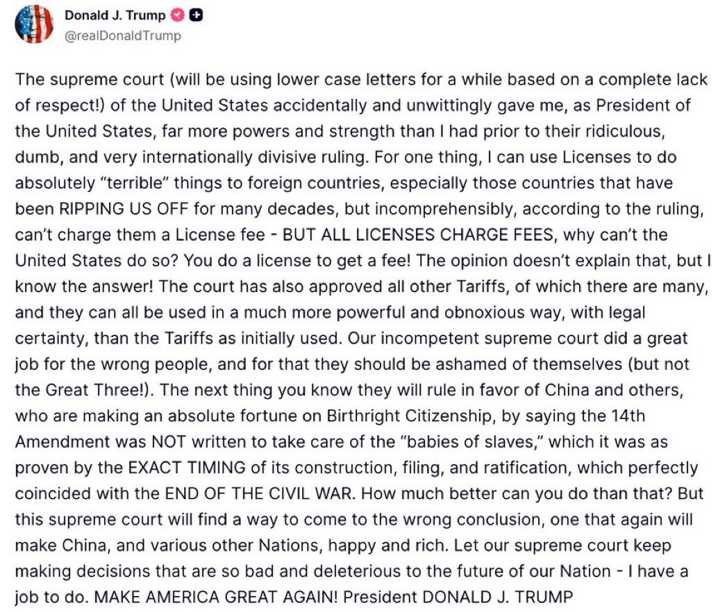 🚨 PRESIDENT TRUMP JUST WENT FULL BEAST MODE on Truth Social:

Supreme Court accidentally handed him a MASSIVE POWER-UP with their ruling, now he can unleash LICENSES (aka tariffs on steroids) on countries ripping us off for decades, with even MORE legal muscle and zero respect