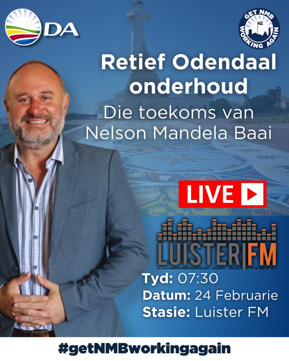 retiefnmb's tweet image. Ek is môre op Luister FM om te praat oor die toekoms van Nelson Mandelabaai en hoe ons die Metro weer aan die werk gaan kry.

Skakel in om 07:30 om te luister.
#getNMBworkingagain #Retief4Mayor