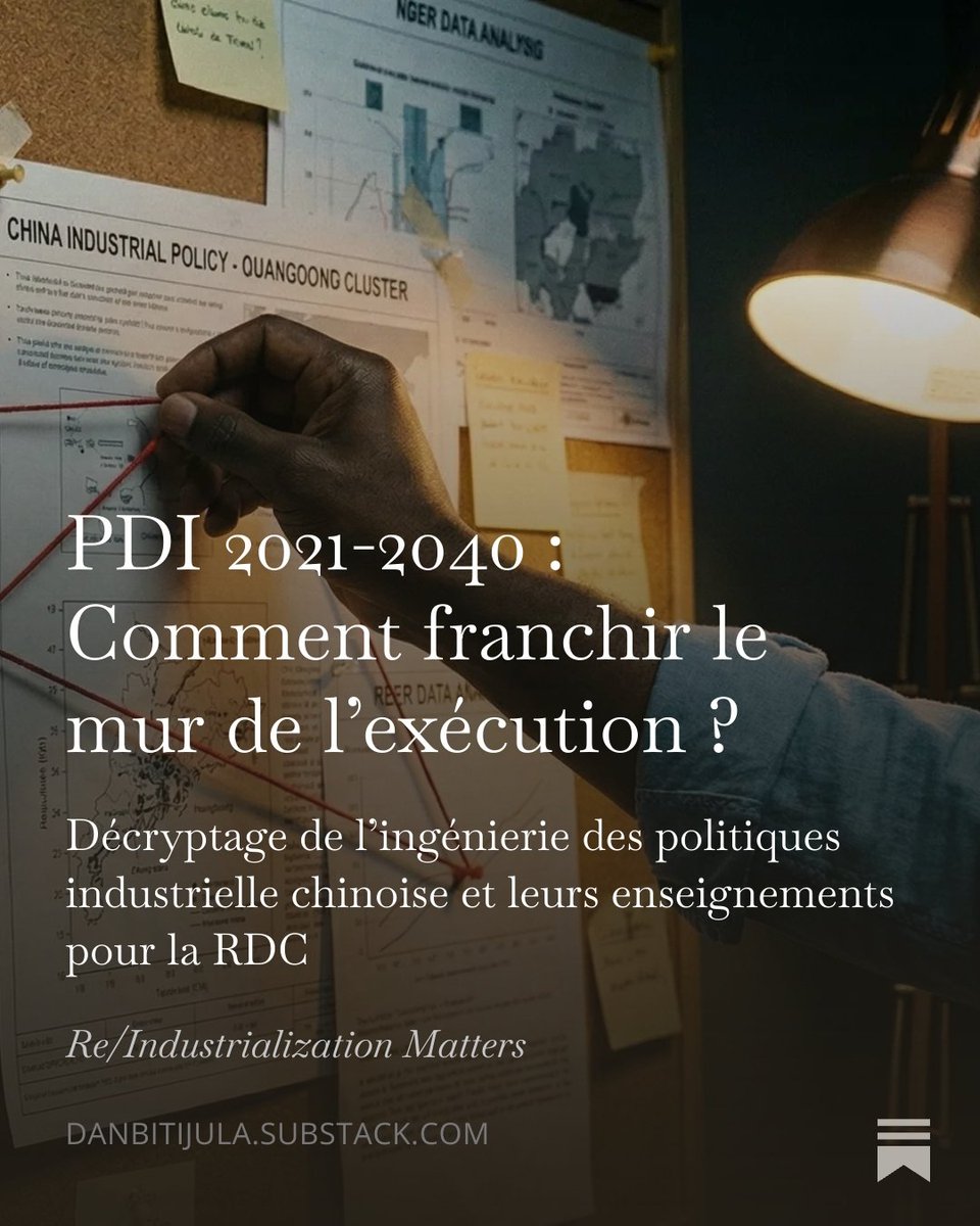 DanBitijula's tweet photo. Une industrialisation réussie n'est pas qu'une affaire d'infrastructures et d'énergie. C'est d'abord une épreuve d'exécution institutionnelle.

Si le PDI a posé la vision d'un Made in DRC » conquérant en 2021, le passage à l'échelle se heurte également au mur de la mise en œuvre. Pour comprendre comment franchir ce mur, j'ai plongé dans un papier du NBER (Decoding China's Industrial Policies / Mai 2025) qui a passé au crible 3 millions de documents de la politique industrielle chinoise entre 2000-2022 pour en disséquer les rouages concrets comment les secteurs sont choisis ? Quels outils sont mobilisés et quels sont les mécanismes de diffusion entre le centre politique et les périphéries économiques ?

Ce que nous apprend le modèle industriel chinois :
- Assumer une géographie de la performance (les pôles industriels)
- Bâtir une "boite à outils" complète (foncier, normes, formation, etc.) 
- Introduire la discipline par la norme (la carotte ET le bâton)

Découvrez l'analyse complète sur les leçons de l'ingénierie industrielle chinoise ici : https://t.co/Hre2L6j6ZI

#RDC #Economie #Industrie #ReindustrializationMatters