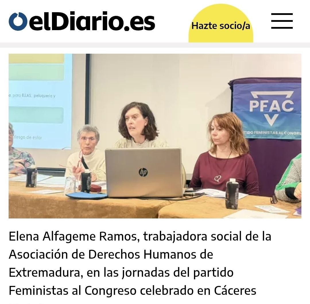 Elena Alfageme, una de las ponentes de la Jornada de Cáceres organizada por #PFAC <a href="/feministas_cong/">Partido Feministas Al Congreso</a> el pasado 24/01, nos habló de la situación, carencias y propuestas de mejora de las mujeres presas. Ayer <a href="/eldiarioex/">elDiario.es Extremadura</a> se hizo eco de esta conferencia
eldiario.es/extremadura/so…