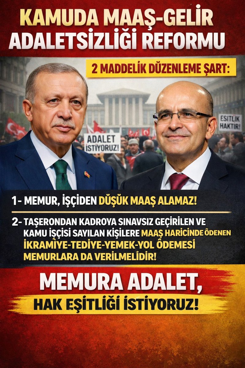 KAMUDA MAAŞ-GELİR ADALETSİZLİĞİ REFORMU 
Sn. Cumhurbaşkanımız <a href="/RTErdogan/">Recep Tayyip Erdoğan</a>, 
1-Memur,taşerondan kadroya sınavsız geçirilen ve kamu işçisi sayılan kişiden 30 bin TL düşük maaş-gelir alamaz.
2-Memura da ikramiye-tediye-yemek-yol ödemesi yapılarak gelir eşitliği sağlanmalıdır.
#memur