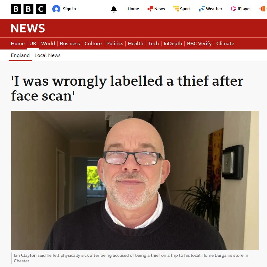 BigBrotherWatch's tweet photo. 👁️Innocent man wrongly thrown out of Home Bargains after facial recognition mistake

This is not an isolated incident - we regularly hear from people who are left traumatised after being wrongly caught in this net of surveillance.

#StopFacialRecognition⤵️
https://t.co/JNhAw8GPUA https://t.co/PbO9cj5JXM