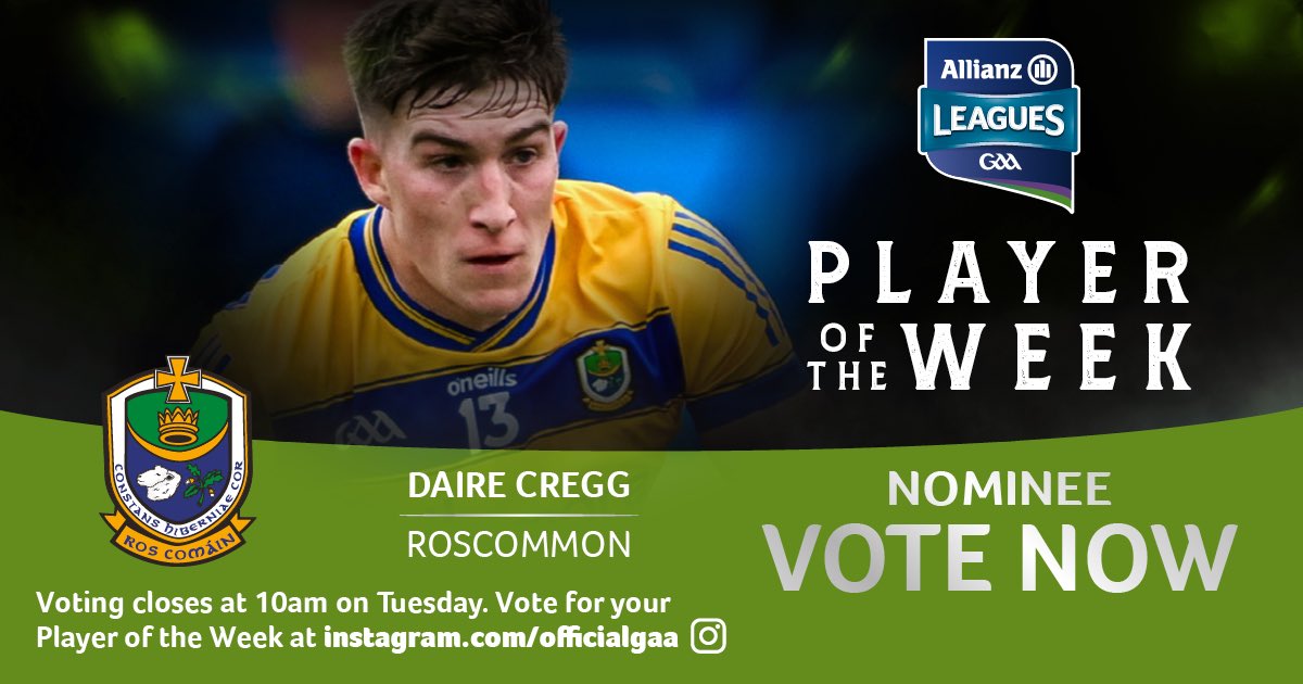 officialgaa's tweet photo. Outstanding in @RoscommonGAA’s impressive Allianz Football League campaign, Daire Cregg delivered in style against Galway in Salthill. Cregg contributed 1-7 for Mark Dowd's rapidly improving outfit 🫡  Has his performance earned your vote? https://t.co/Ghnp34NVxn