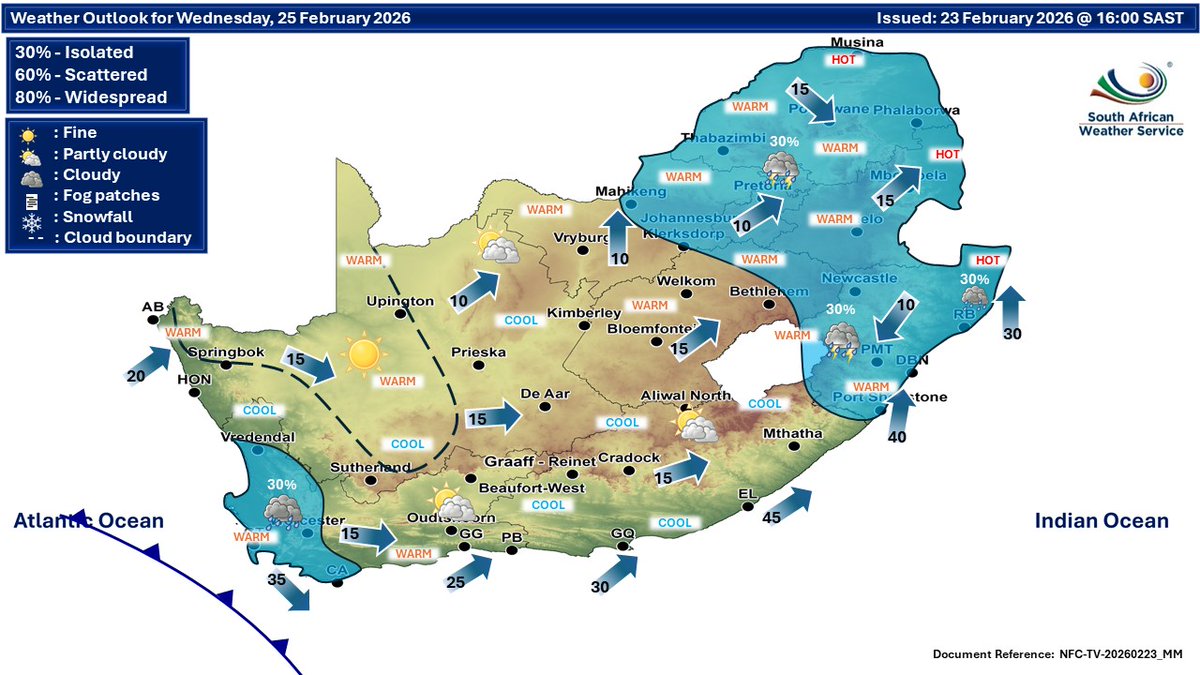 SAWeatherServic's tweet image. Extended weather forecast for Wednesday and Thursday, 25-26 February 2026:
Partly cloudy  and cool to warm but hot in places, with isolated showers and thundershowers in the north-east but light rain along the coast.
#saws #weatheroutlook #SAWeather