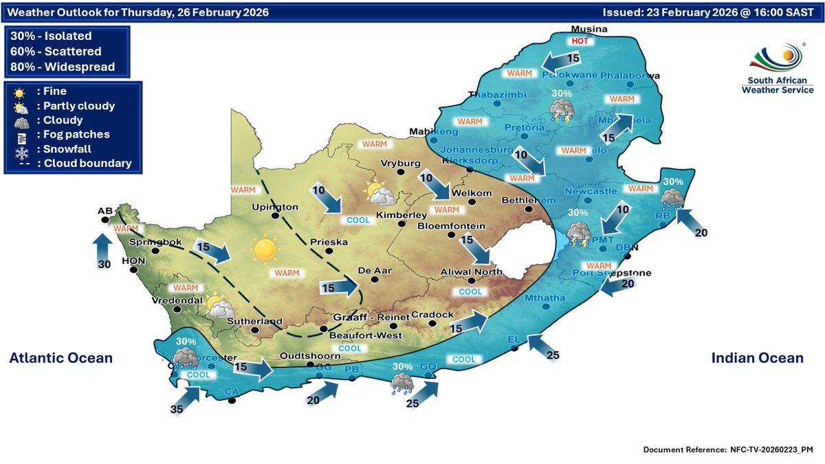 SAWeatherServic's tweet image. Extended weather forecast for Wednesday and Thursday, 25-26 February 2026:
Partly cloudy  and cool to warm but hot in places, with isolated showers and thundershowers in the north-east but light rain along the coast.
#saws #weatheroutlook #SAWeather