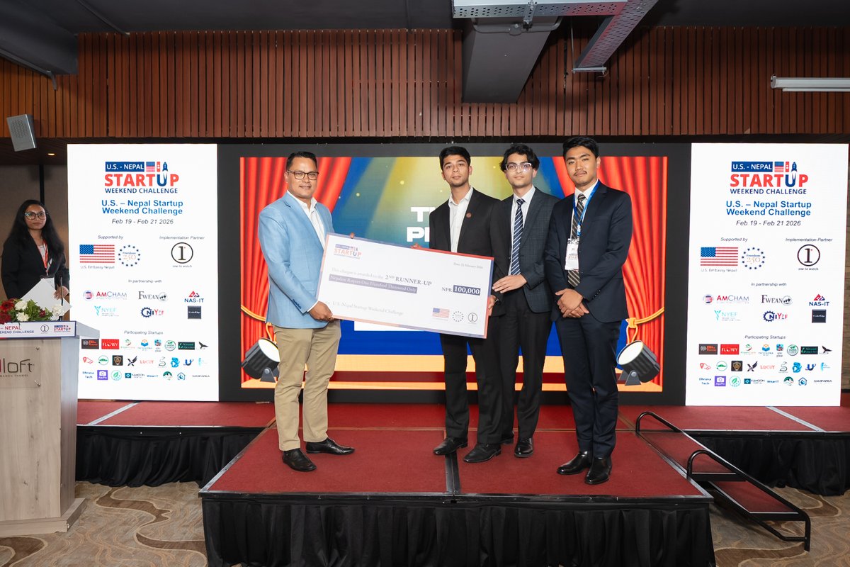 InvestinNepal's tweet photo. We’re proud to celebrate the successful completion of the U.S.-Nepal Startup Weekend Challenge🎉
After an weekend filled with collaboration, mentorship and high-energy pitching, congratulations to our top winners:🏆GarudX,🥈Fully Charged Nepal and🥉Kanoon Portal. 
@USEmbassyNepal https://t.co/1zEDO7gy64