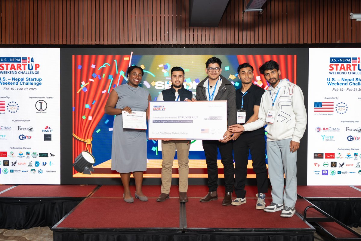 InvestinNepal's tweet photo. We’re proud to celebrate the successful completion of the U.S.-Nepal Startup Weekend Challenge🎉
After an weekend filled with collaboration, mentorship and high-energy pitching, congratulations to our top winners:🏆GarudX,🥈Fully Charged Nepal and🥉Kanoon Portal. 
@USEmbassyNepal https://t.co/1zEDO7gy64
