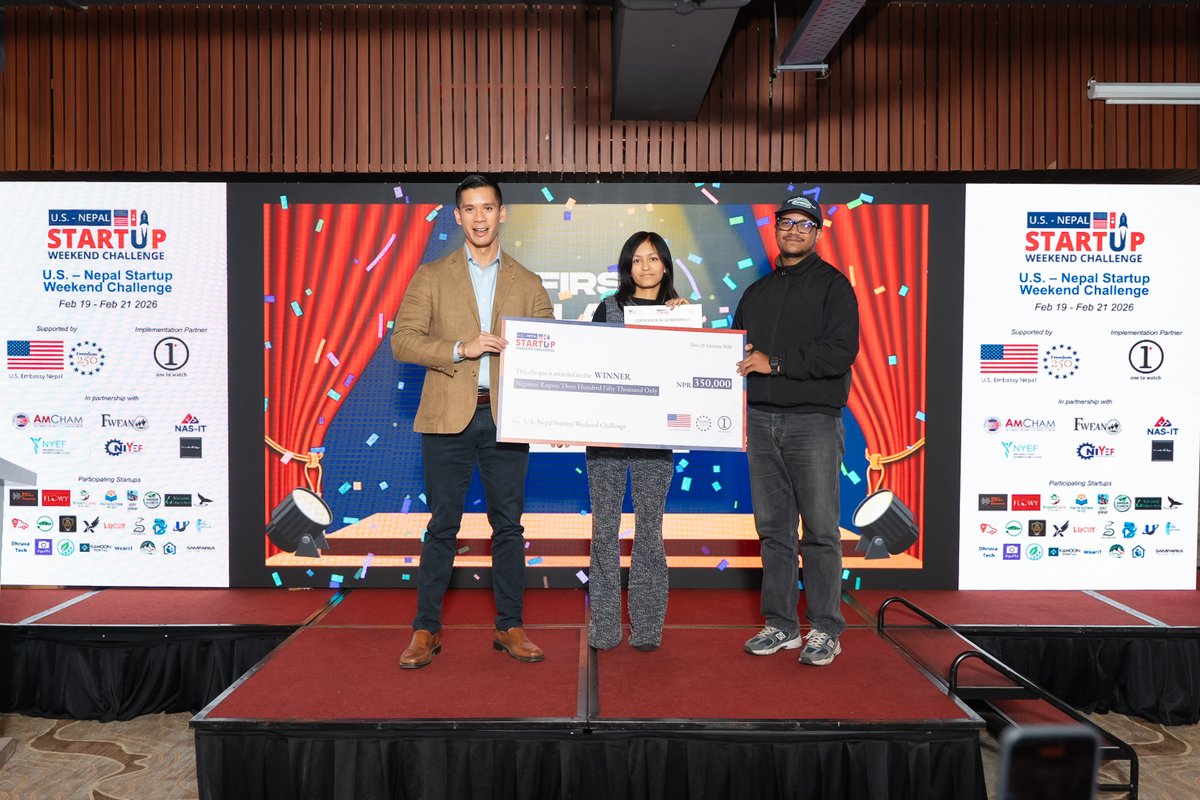 InvestinNepal's tweet photo. We’re proud to celebrate the successful completion of the U.S.-Nepal Startup Weekend Challenge🎉
After an weekend filled with collaboration, mentorship and high-energy pitching, congratulations to our top winners:🏆GarudX,🥈Fully Charged Nepal and🥉Kanoon Portal. 
@USEmbassyNepal https://t.co/1zEDO7gy64