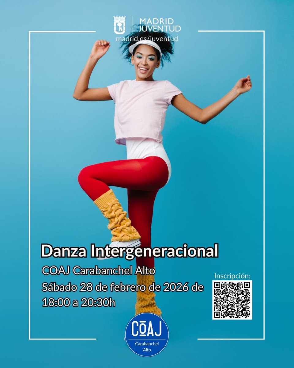 MadridJuventud's tweet image. 💃 Danza Intergeneracional en Carabanchel
Baila, conecta con distintas edades y disfruta de la música.
Sábado 28 febrero 2026 | 18:00–20:30 h
#madridesjoven #coajcarabanchelalto #danza