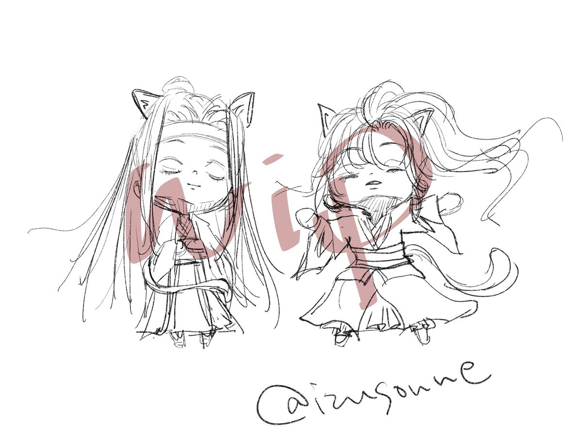 まだ🖊が上手く握れなくて思ったように線がひけぬ:( •ᾥ•):

ふぉろわっさんと🐱忘羨寝てるのかわいいなってなって🐱の日遅れて描いてる🥳いつ出来上がるかはわかりません！( *¯ ꒳¯*)