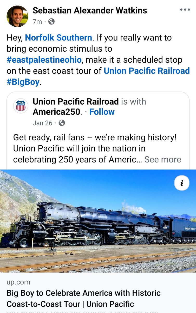 PinkCaddy_Daddy's tweet photo. @UnionPacific if you want to purchase @nscorp realize that they come with the baggage of the #eastpalestineohio tragedy. To bring some #economicstimulus to #eastpalestine, make it a scheduled stop on the #BigBoy east coast tour. 

Everyone please #share this #post! https://t.co/GlYEa0jd2o