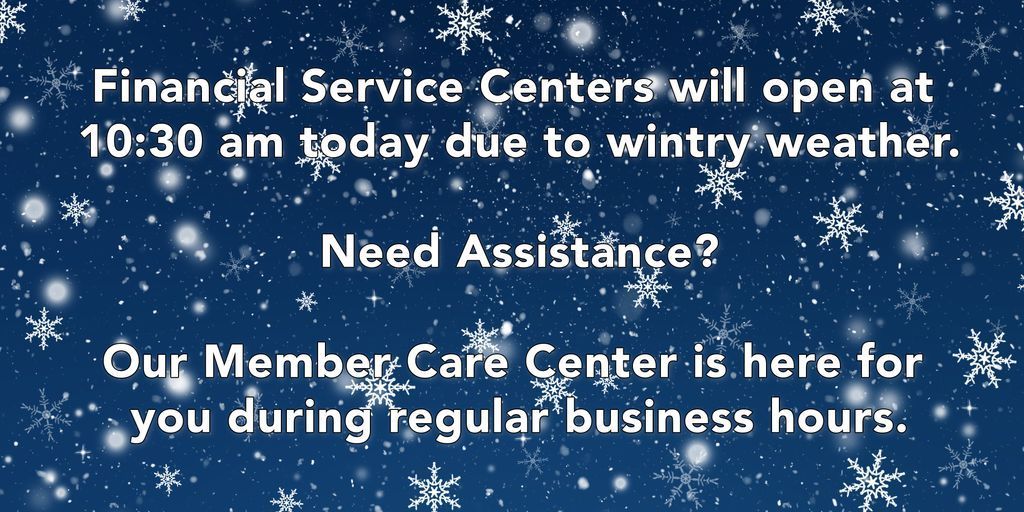 All FedChoice Financial Service Centers will open at 10:30am Monday, February 23rd, 2026 due to the wintry weather.

Need assistance? You can reach us via secure message in eBanking or by contacting our Member Care Center during regular business hours. buff.ly/Radhmwh
