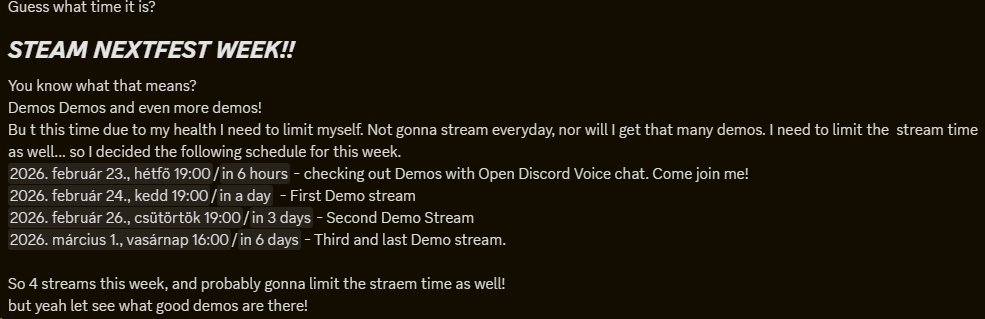 #SteamNextFest 
My schedule for this week!