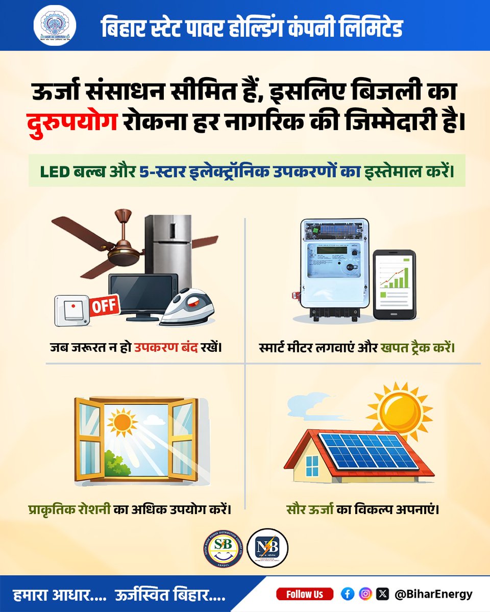 BiharEnergy's tweet image. बिजली की खपत को नियंत्रित करें
जब जरूरत नहीं हो, उपकरण बंद कर दें। 

@IPRDBihar @EnergyBihar 

#Electricity #PowerSupply #Smartmeter #SolarEnergy  #Energyefficiency #SaveEnergy