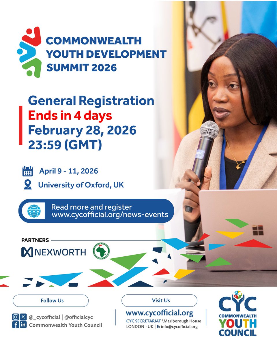 _cycofficial's tweet photo. General registration for the 2026 Commonwealth Youth Development Summit ends in 4 days, on February 28, 2026.
Register now using the link in the comment section and gain full access to the summit.
#GetYouthInvolved https://t.co/C2NXLA40ss