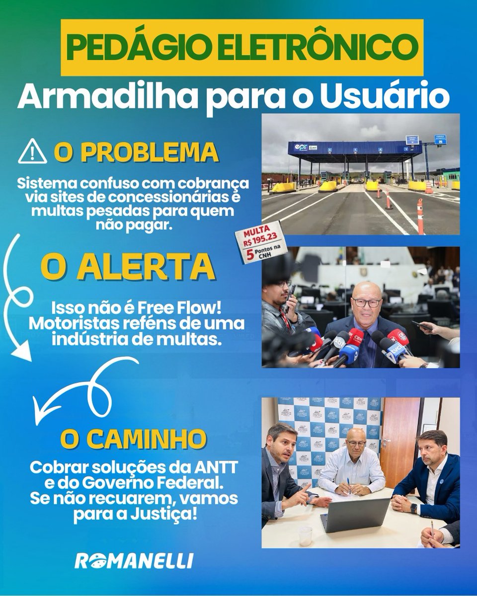 ⚠️ Pedágio eletrônico não pode virar armadilha. Sem modelo claro, motoristas correm risco de multa. Estou cobrando a ANTT e, se preciso, irei à Justiça.