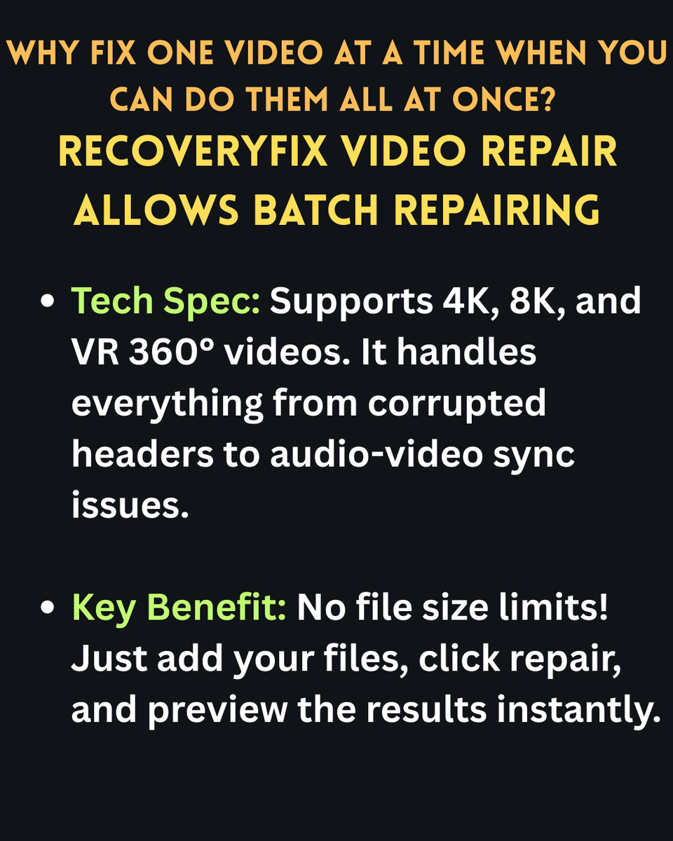 RecoveryFixTool's tweet photo. That "File Corrupted" error doesn't have to be the end of your project. 😱

Recoveryfix Video Repair restores broken MP4, MOV, and 4K footage from any device (drones, DSLRs, phones) in just 3 clicks. 🛠️ 🎥

Fix your videos here: https://t.co/U3AZbShuto
#VideoRepair #Filmmaking https://t.co/IITWJL2UB1