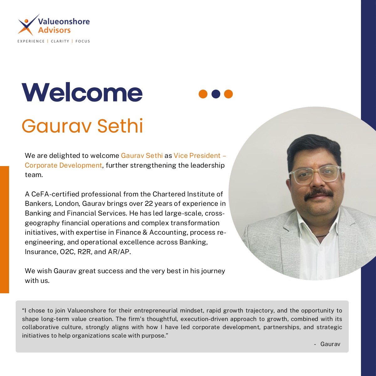 Valueonshore's tweet photo. We’re excited to welcome Gaurav Sethi to the Valueonshore family. His experience and dedication to excellence make him a strong addition to our team, and we look forward to his journey with us.

#ValueonshoreAdvisors #VOS https://t.co/DqsXO32oSK