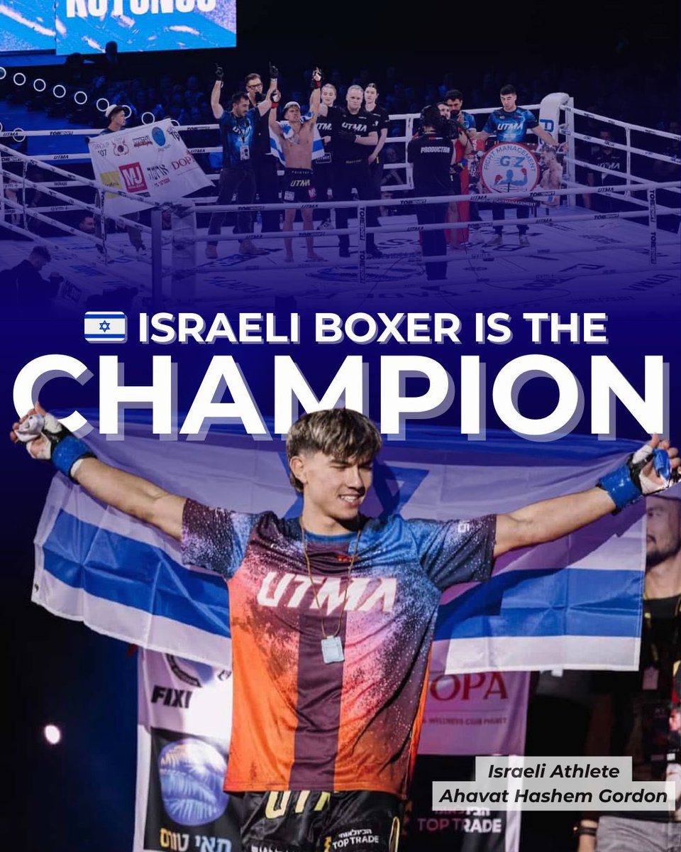 Israel's tweet image. 🇮🇱 Israeli Muay Thai boxer, Ahavat Hashem Gordon, is named in the UTMA Lithuania match! 
Wearing his Israeli flag and kippa with pride, he shows the world what resilience looks like.

A powerful moment 💙

📸 UTMA
Coach – Alex Dar