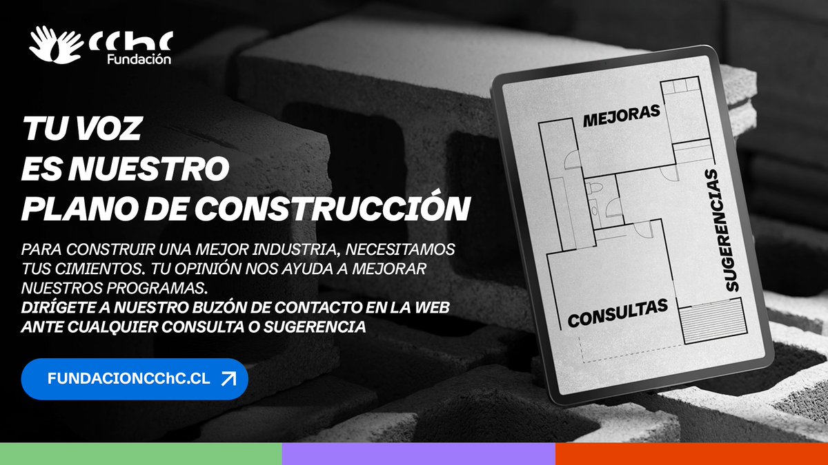 Para levantar una mejor industria, necesitamos buenos cimientos: tus ideas 🏗️💬 En la Fundación CChC, tu opinión es nuestro plano de construcción. ¿Dudas, sugerencias o mejoras? Escríbenos al Buzón de Contacto web. Te leemos aquí 👉 fundacioncchc.cl