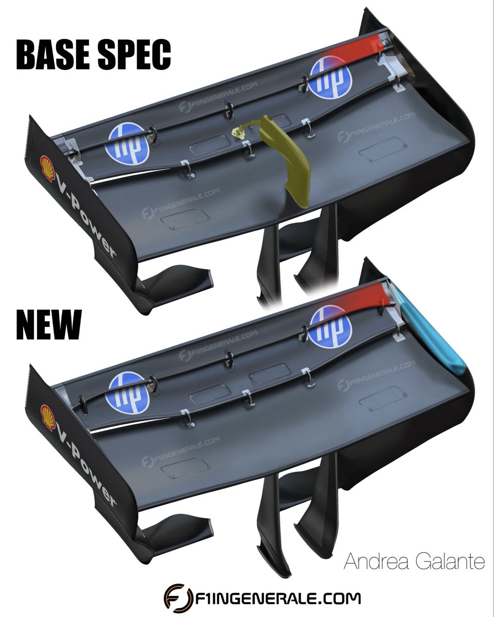 Here is the innovative wing tested by Ferrari on Day 2 of testing in Bahrain. This new specification allows the two upper flaps to rotate up to almost 270 degrees. To achieve this, the team structurally modified the wing by removing the central pylon, integrating the system into