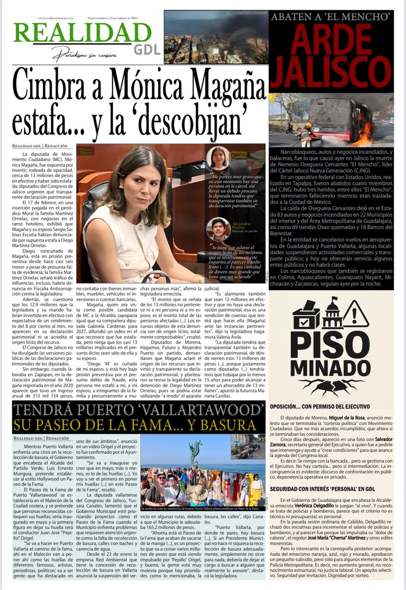 🔴NOTICIAS |  13 millones en efectivo y una estafa.
La diputada de <a href="/MovCiudadanoJal/">Movimiento Ciudadano Jalisco</a>, <a href="/MonicaMgn/">Mónica Magaña</a>, se dice ser víctima de fraude; oposición exige transparentar su patrimonio y el origen del dinero. El acusado sigue en prisión. 

realidadgdl.com/cimbra-estafa-…