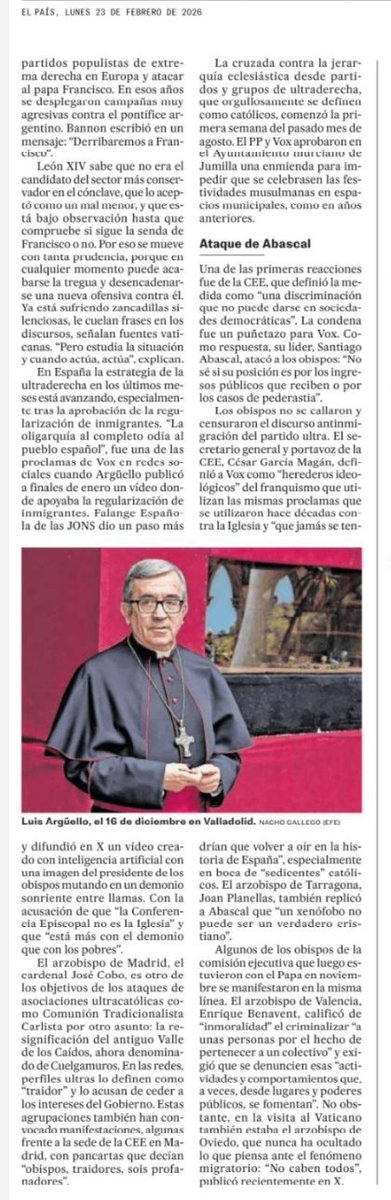 Dice el #Papa a la #ConferenciaEpiscopalEspañola que su mayor preocupación para #España es la ideología de #ultraderecha y su instrumentalización de la #Iglesia... Me temo <a href="/Pontifex_es/">Papa León XIV</a>
que le sobran la mitad de sus obispos hispánicos.