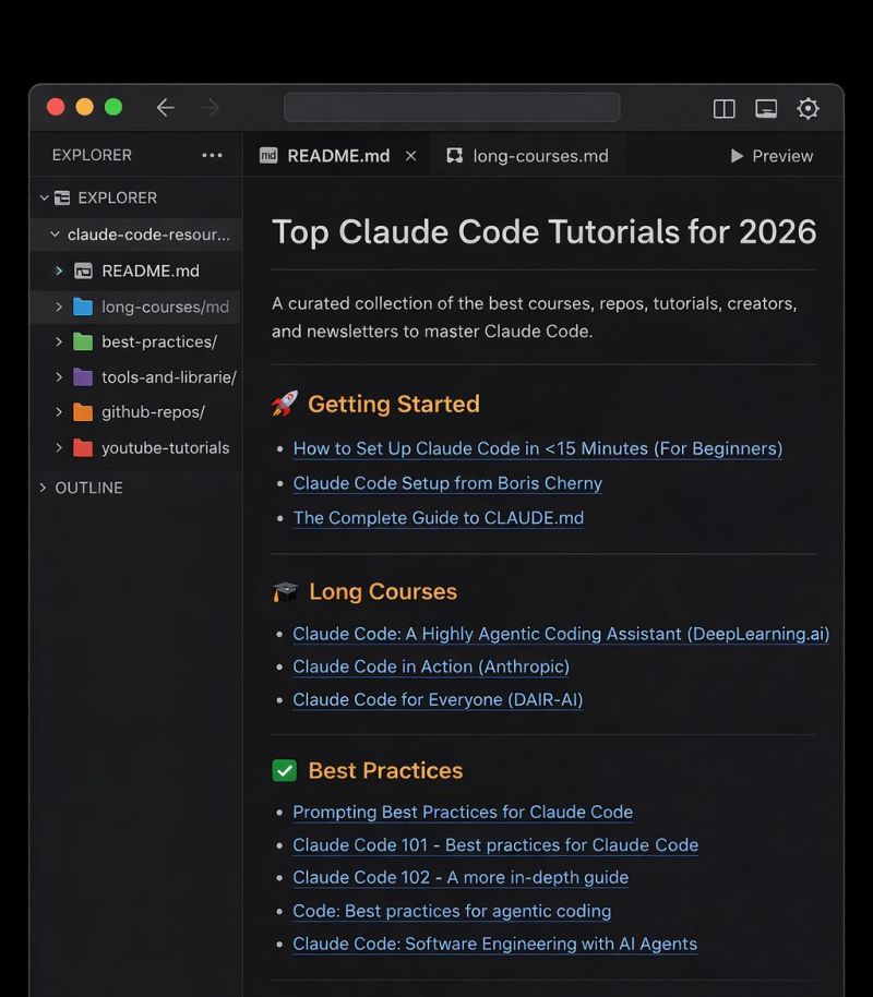 You won’t lose to AI.

You’ll lose to someone who mastered Claude Code first.

I put together every resource you need to go from curious about Claude Code to actually shipping with it.
 
This Includes:
🚀 3 Getting Started resources
 📚 4 Long Courses
 🧠 4 Best Practices guides