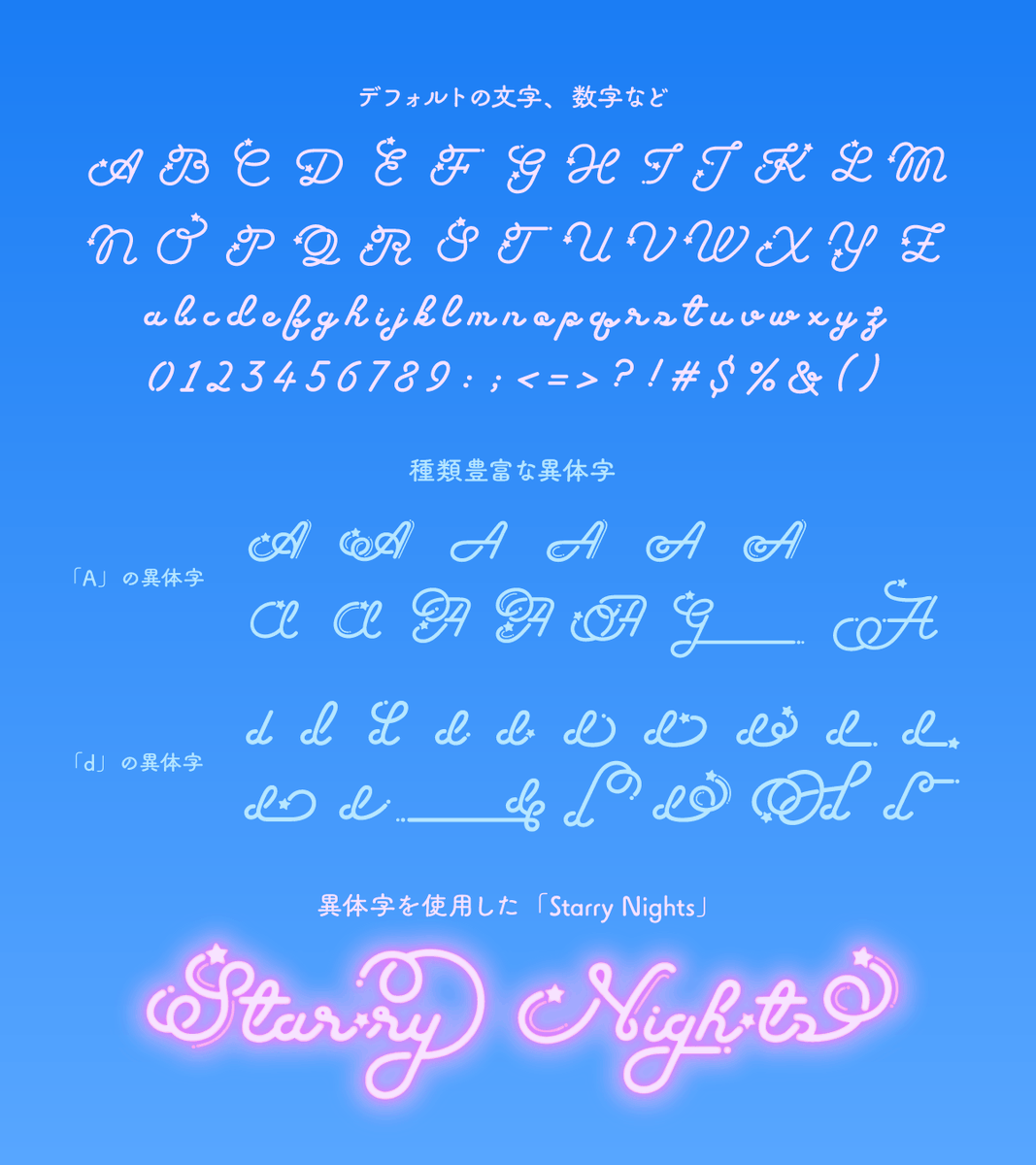シティポップ感、出したいならこれ🌃✨

Fancy Star Script🖋️
レトロ×ポップな筆記体。

異体字17種で
同じ言葉もニュアンス自在🎶

ロゴ・ZINE・MVタイトルに◎
雰囲気づくりの決定版👇
designpocket.jp/static/font/br…