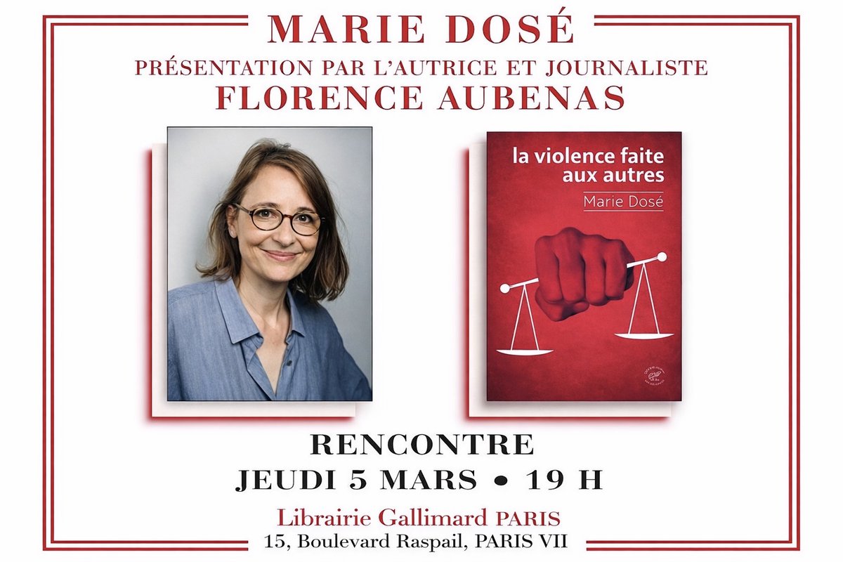 📕 « 𝙇𝙖 𝙫𝙞𝙤𝙡𝙚𝙣𝙘𝙚 𝙛𝙖𝙞𝙩𝙚 𝙖𝙪𝙭 𝙖𝙪𝙩𝙧𝙚𝙨 » paraîtra le 5 mars.
J’aurai plaisir à vous retrouver le soir même, à la Librairie Gallimard, en conversation avec Florence Aubenas.