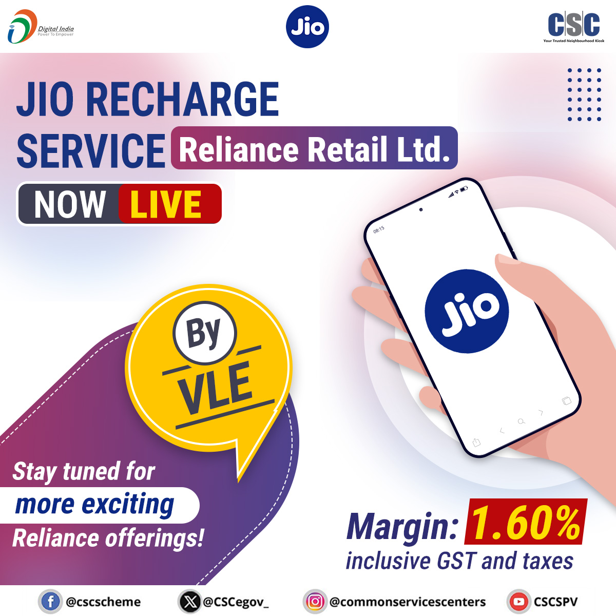 Jio Service Reliance Retail Ltd. Jio Recharge Service through CSC... Margin: 1.60% ...