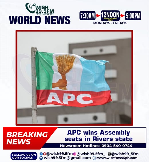 APC has won the Rivers State House of Assembly by-election seats held Saturday. Returning Officer Prof Rosemary Ogbo declared Ukalikpe &amp; Loloo winners with highest votes, saying the election was duly conducted &amp; keenly contested.

#wish995fmportharcourt #RiversNews #News