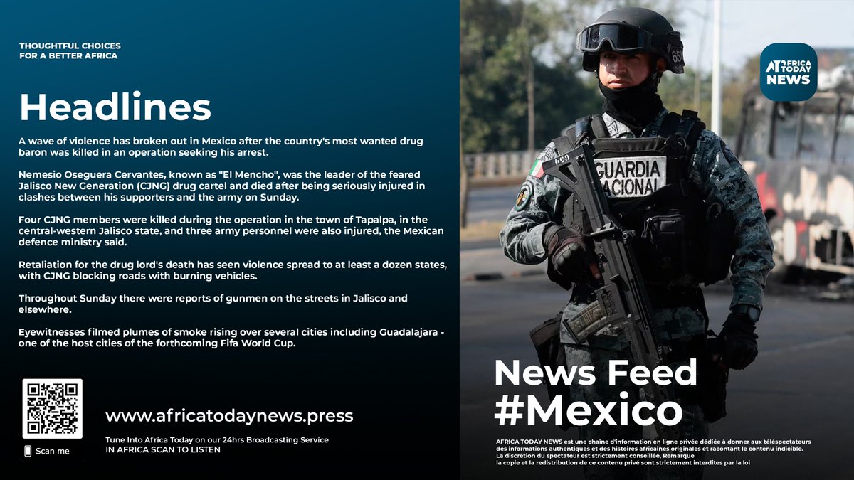 atnewsonline's tweet photo. Mexico | A wave of violence has broken out in Mexico after the country's most wanted drug baron was killed in an operation seeking his arrest. https://t.co/ldP1vShKgh