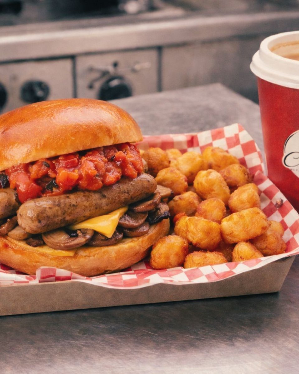 Site manager — hungry crew? This hearty sausage &amp; mushroom brioche with tots keeps teams moving. On-site catering, no kitchen needed, fed fast and fuss-free. Tuck in. #OnSiteCatering #WorkerFuel #kkcatering