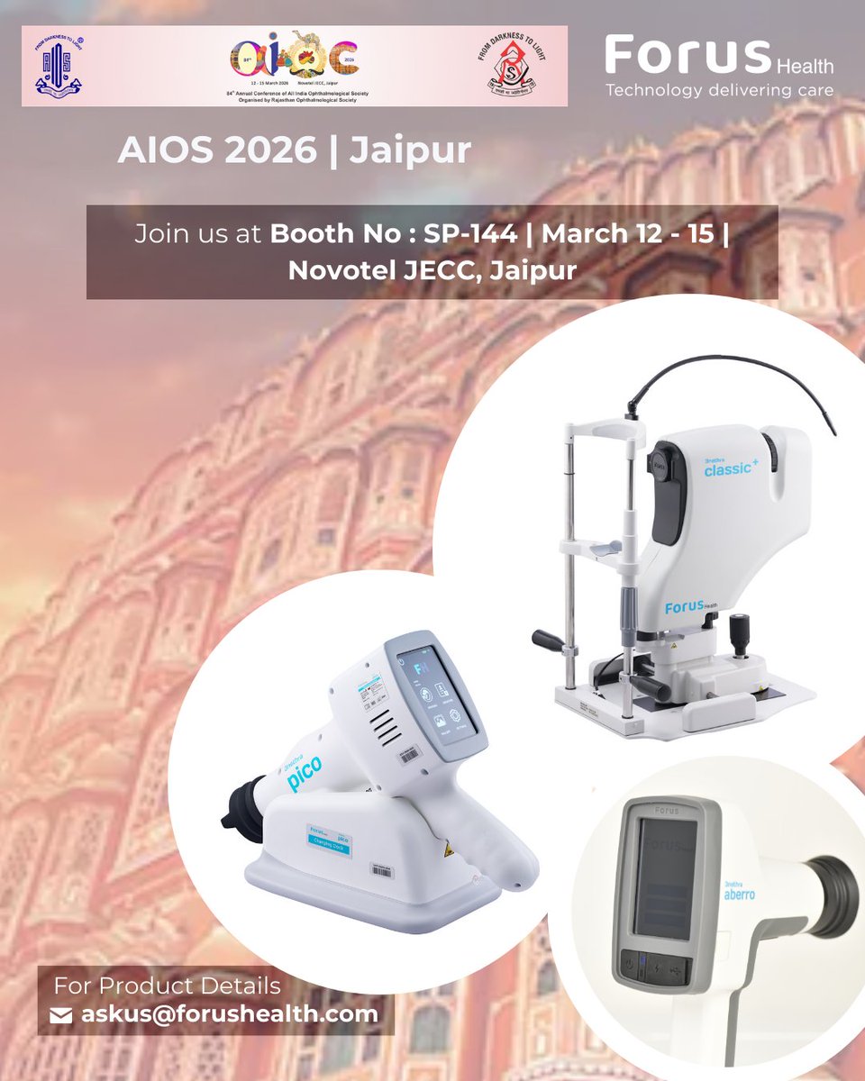 forus_health's tweet photo. Do visit us at Booth SP-144 at AIOS 2026, where we will be showcasing our AI-powered retinal imaging and screening solutions designed to enable early detection of diabetic retinopathy, glaucoma, and other preventable causes of blindness

#AIOS2026 #AIOC #Conference #Jaipur https://t.co/Pg0fHbj7SL