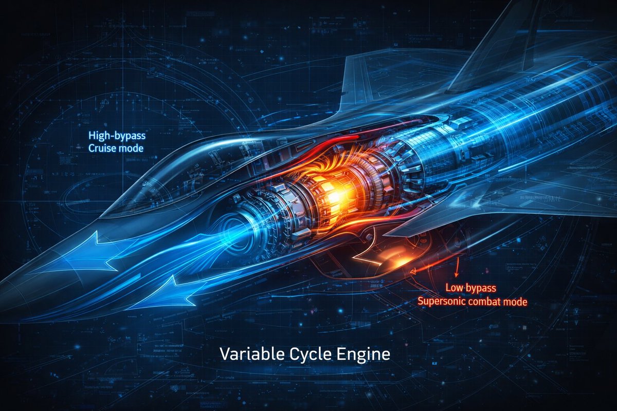 DefenseNewsIN's tweet photo. 1/3 The 6th-gen FCAS isn't just stealthier—it's a propulsion game-changer. 🚀
Its Variable Cycle Engine (VCE) targets ~150 kN thrust, shifting bypass ratio mid-flight for fuel-sipping cruise or blistering supersonic power. One engine, endless modes. #FCAS #6thGen #Aviation
@idrwalerts @alpha_defense