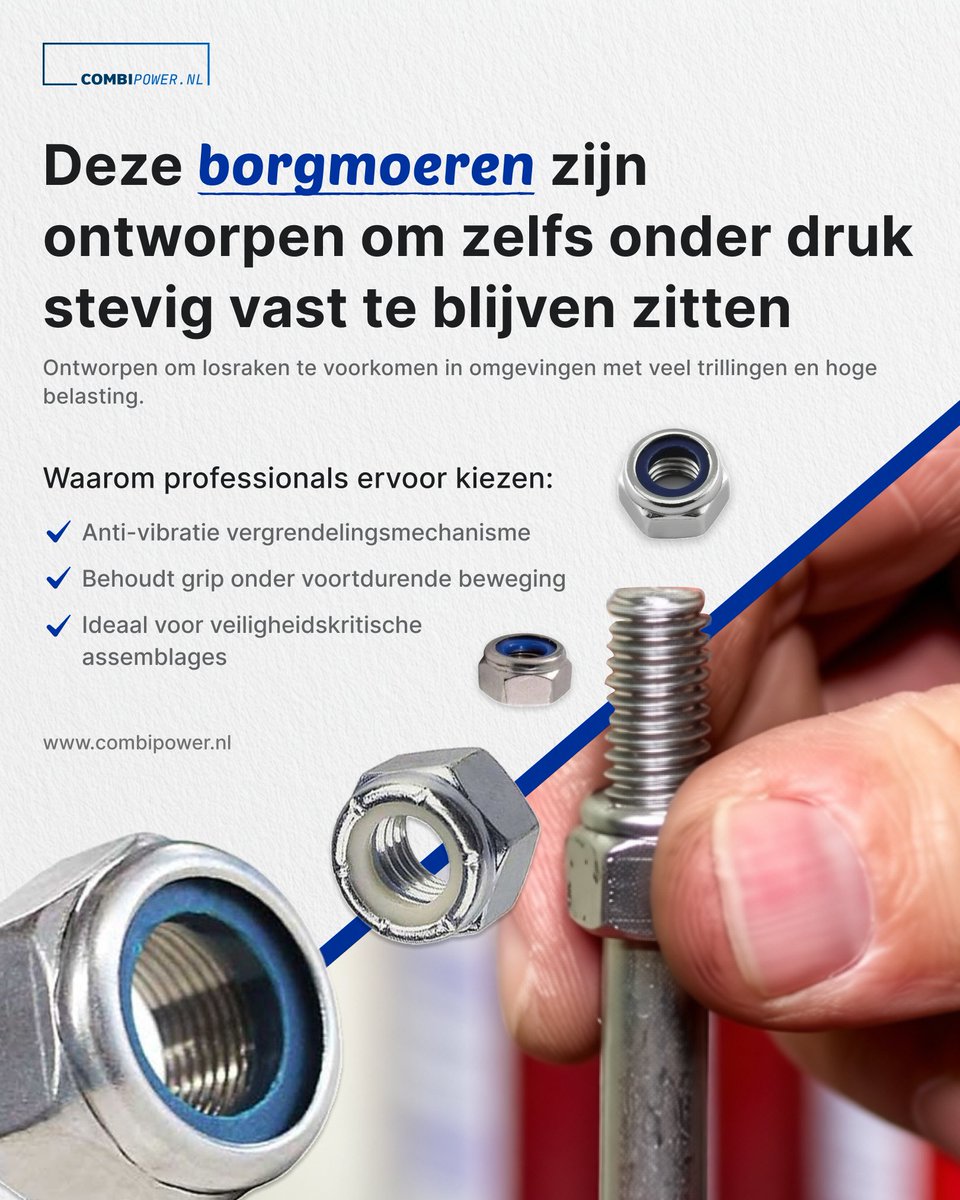 CombipowerBV's tweet photo. Loskomende bouten door trillingen?
Gebruik borgmoeren die ontworpen zijn om goed vast te blijven zitten onder druk.

▶️M3–M30
▶️Roestvrij staal of gegalvaniseerd
▶️Merken: Kelfort en Kobout

Koop nu: https://t.co/1Y7YQIxolo

#machinebouw #staalbouw #veiligheid #doehetzelf https://t.co/V2QEHVWF9N