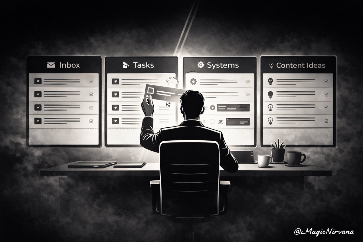 If your brain is still your main productivity tool,
you’re working too hard.
Install a simple capture system:

Inbox — dump every task/idea fast

Tasks — Today / This Week / Later
Systems to Build — your leverage engine
Content Ideas — never run out of posts
Your brain is for