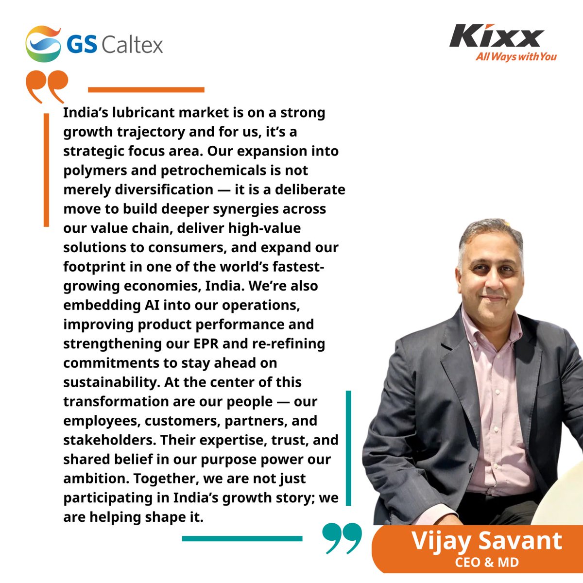gscaltexindia's tweet photo. Growth powered by purpose. Progress driven by people.
Our CEO & MD, Mr. Vijay Savant, on how GS Caltex India is building sustainable growth across lubricants, polymers & petrochemicals through intelligent operations and responsible practices.
#LeadershipThoughts #GSCaltex #Kixx https://t.co/j0LEPVmaow