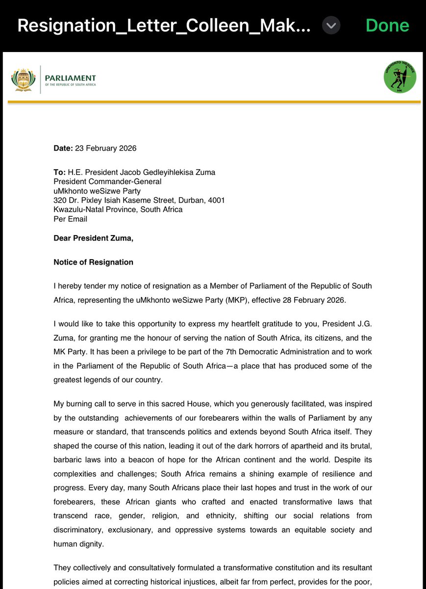 ewnreporter's tweet photo. [JUST IN] Colleen Makhubele has resigned as a member of Parliament for the uMkhonto WeSizwe Party. 

Makhubele became an MP in January last year. 

Became MK’s parliamentary Chief Whip in May 2025 before being removed from the position 8-months later. TCG https://t.co/SaC8qBe9FK