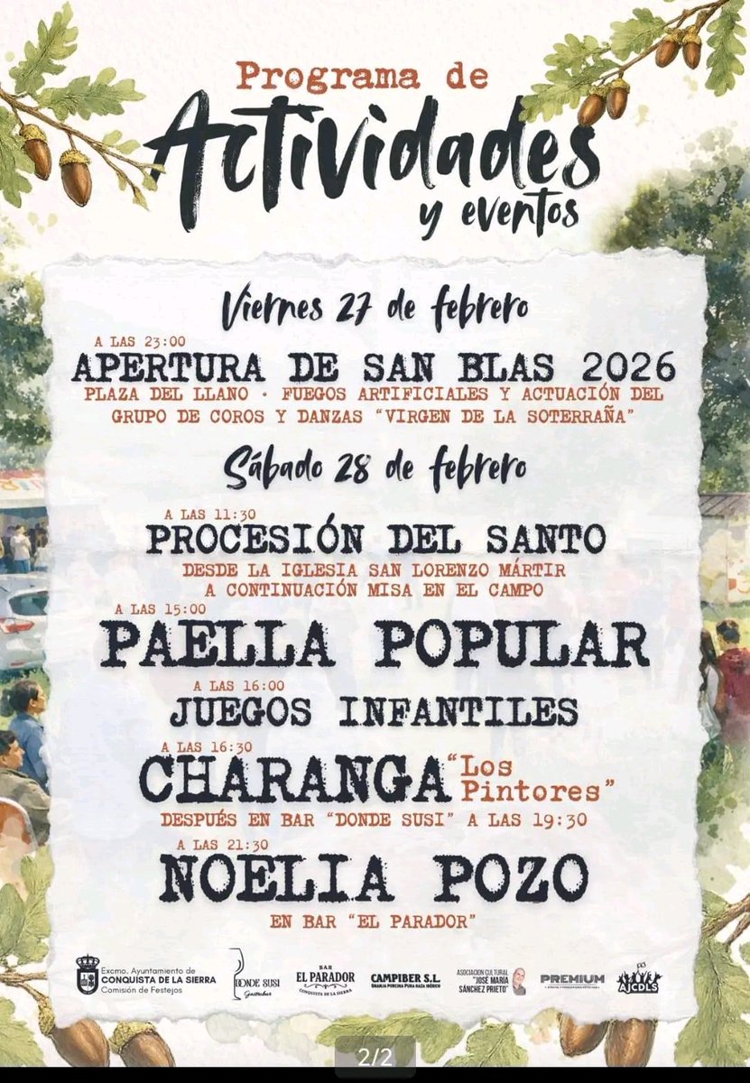 27-28/02. San Blas en Conquista de la Sierra <a href="/LasTejoneras/">Las Tejoneras De Conquista</a> <a href="/DehesaVilluerca/">Dehesas y Villuercas Ecologistas en Acción</a> <a href="/SIEMPREGARCIAZ/">GARCIAZ</a> <a href="/raicesdegarciaz/">@raícesdegarciaz</a> <a href="/Expueblos/">Extremadurapueblos</a> <a href="/extremeneria/">Extremeñería 💚🤍🖤</a> <a href="/adicomt/">ADICOMT</a> <a href="/Turismo_DipCC/">Turismo Provincia Cáceres</a> <a href="/DiputacionCC/">DiputacionCC</a> <a href="/Junta_Ex/">Junta de Extremadura</a> <a href="/extremadura_tur/">Extremadura Turismo</a> <a href="/bibliotecaextre/">Biblioteca Virtual Extremeña</a> <a href="/caceresybadajoz/">Extremadura Digital®</a>